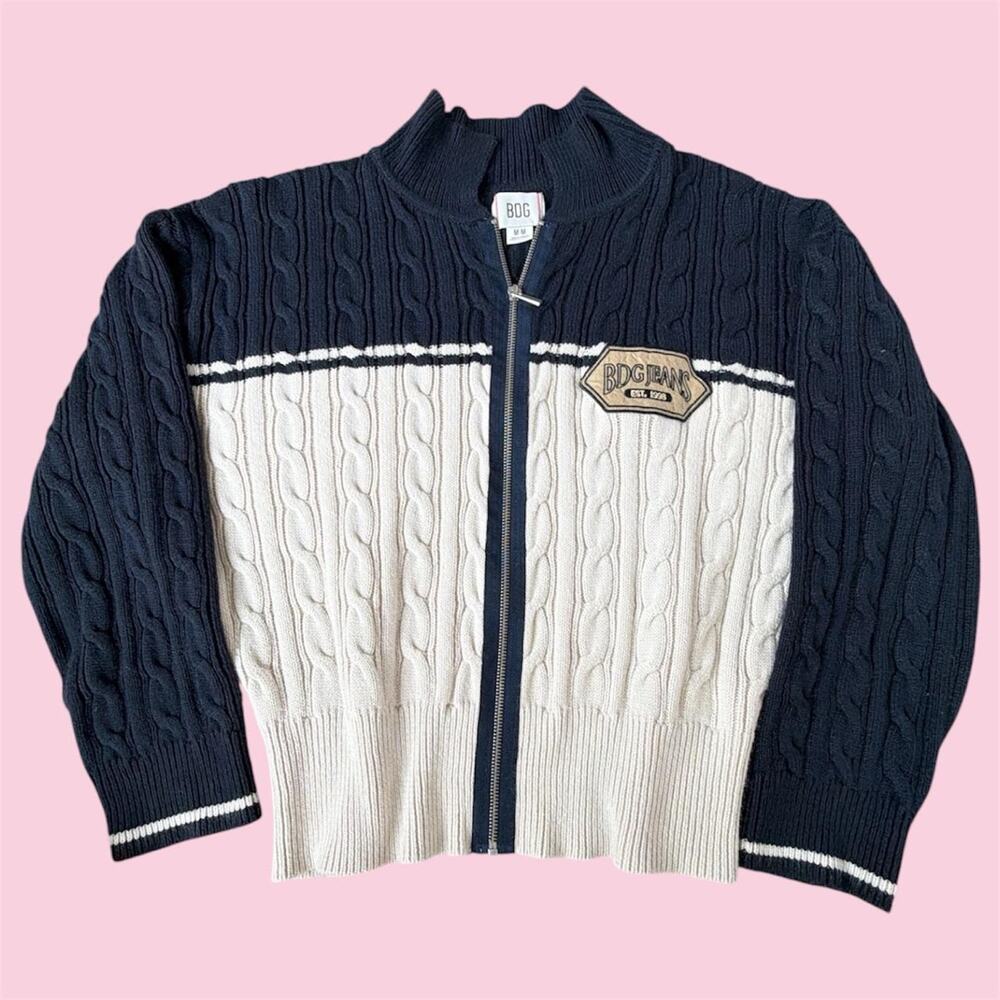 BDG navy and cream cable knit zip up sweater with white stripes
